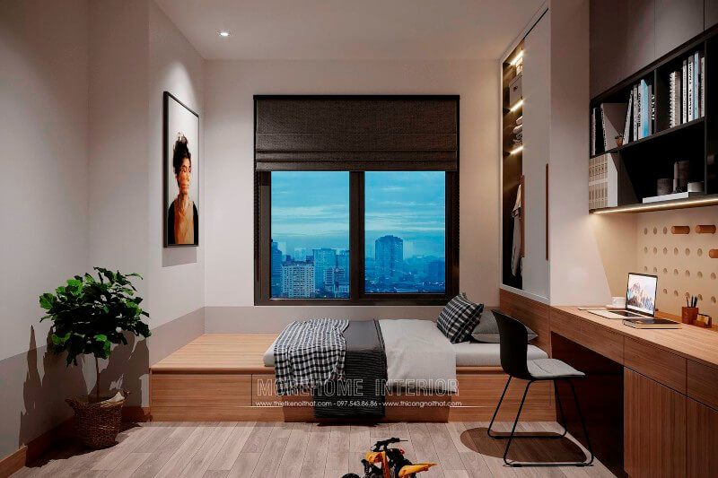 Giường ngủ đẹp màu vàng có ngăn kéo, tận dụng được khoảng rỗng không phía dưới thiết kế các ngăn cất giữ đồ đạc