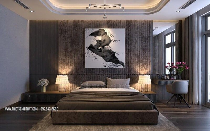 Sử dụng tranh ốp tường nghệ thuật để tạo nên một không gian độc đáo cho phòng ngủ master hiện đại.