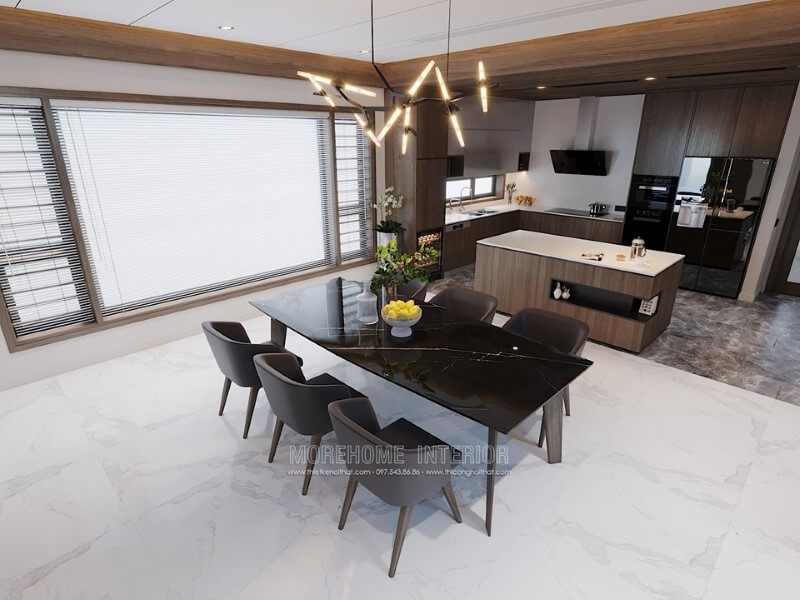 Tạo ra một thiết kế nội thất gỗ đẹp, sang trọng cho nhà phố Hà Tĩnh hiện đại, bao gồm phòng ăn và liền bếp.