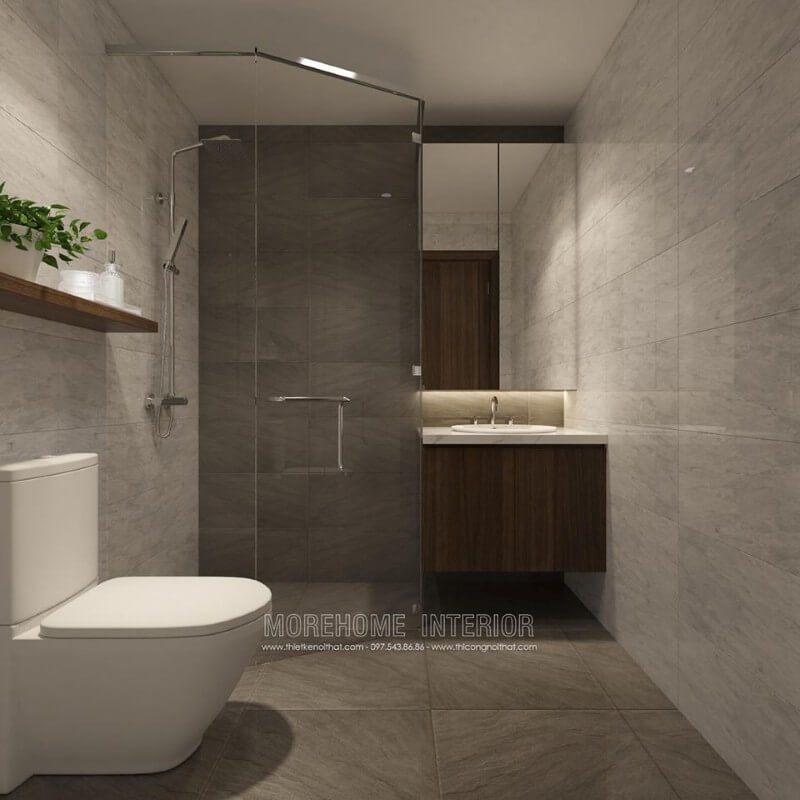 Phòng tắm ốp đá tự nhiên sạch sẽ và đẹp mắt.